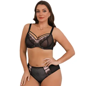Completo Intimo Donna Taglie Forti in Pizzo e Nylon Top And Bottom Reggiseno a Coppa Piena Sottile Con Ferretto e Motivo Floreale in Rete a Pois