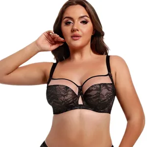 Plus size lace full cup bra, elegant black mesh sheer underwire supportive lingerie.