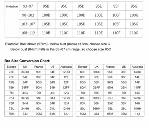 Plus size bra size chart and international conversion guide for women's lingerie details.