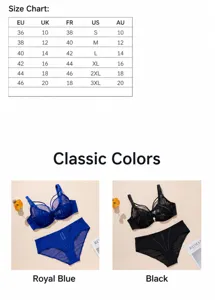 Size chart and color options detail view for plus size breathable lace bra and panty set.