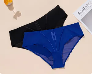 Plus size high waist mesh breathable women briefs set in black and blue, comfortable summer underwear.