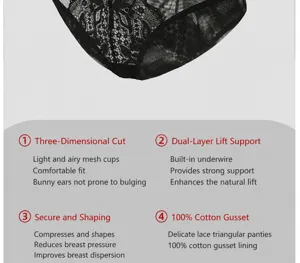 Detailed view of women black lace bra and panty set with soft breathable fabric support.