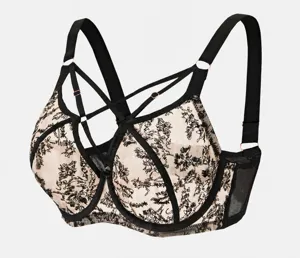 Plus size mesh lace bra detail showing cross strap design and full cup structure.