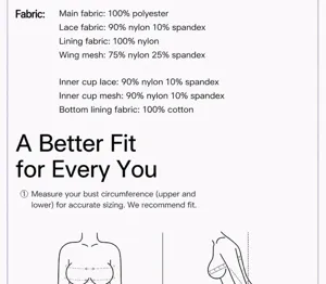 Detailed view of women bra fabric composition and professional body measurement guide.