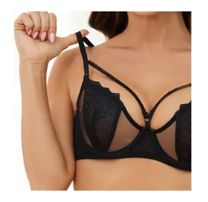 Detail shot of black lace sheer bra with elegant strappy design for women, breathable wear.