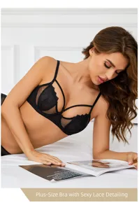 Plus size black lace bra with multi-strap design and sexy floral detailing for women.