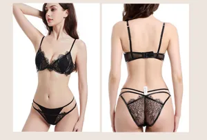 French black lace lingerie set with bralette and sexy strap panties for women, elegant and breathable.