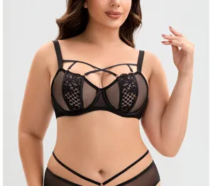 Plus size strappy lace bra detail, breathable mesh cups and supportive push-up design.