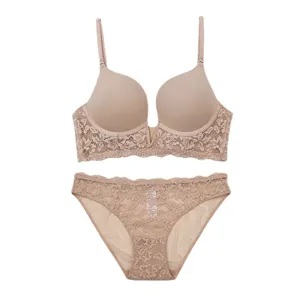 Nude lace push-up bra and panties set, sexy deep V intimate lingerie for women main view