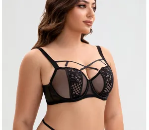 Plus size black lace bra set, sexy sheer mesh design with chic cross straps for women.