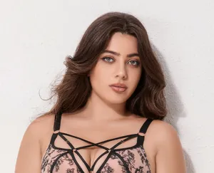 Close-up detail of plus-size mesh lingerie bra with strap design, breathable and supportive.