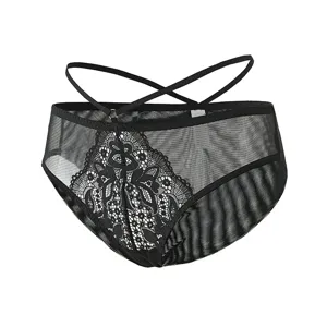 Sexy black mesh lace panties for women featuring a stylish high waist and crisscross strap design.