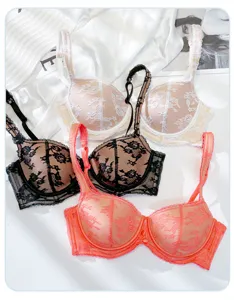 Detailed view of French lace colorblock bras featuring soft mesh and comfortable wire design.