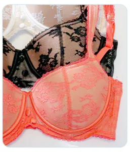 French lace bra detail showcasing delicate floral patterns, mesh fabric, and soft underwire support.
