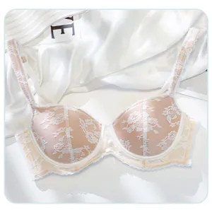 French lace color-block mesh bra, thin summer design with delicate floral details and support.