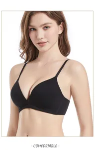 French seamless sexy deep V wireless bra, black push-up breathable women underwear.