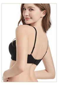 Detail view of a comfortable black wireless bra showcasing adjustable straps and back closure.
