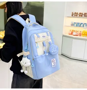 Cute campus school backpack for girls, large capacity aesthetic blue book bag with stars.