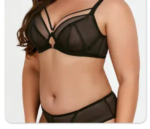 Plus size black mesh bra and panties set, breathable thin wireless lingerie with strap details.