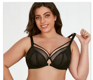 Plus size black bra detail shot, featuring breathable mesh and multi-strap design.