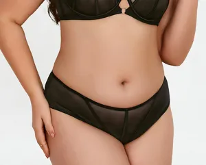 Plus size black mesh high waist panties detail view, breathable and comfortable daily wear.