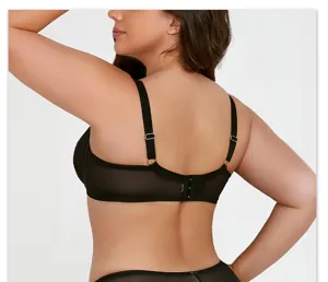 Plus size women's black bra back detail, breathable mesh fabric, adjustable straps hook design.