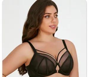Plus size unlined bra for women breathable push up sheer mesh black underwire bra comfortable