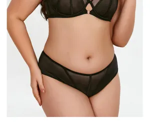 Plus size black sheer lingerie set for women, breathable thin cup bra and panty, sexy underwear.