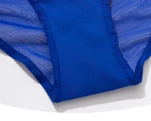 Women's blue breathable mesh lace cotton panties detail close up summer underwear plus sz