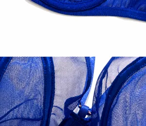 Blue mesh bra detail close-up showcasing breathable sheer fabric and plunge gore design.