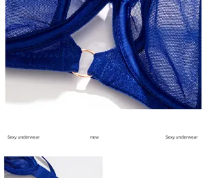 Blue sheer mesh plus size bra with ring detail, ultra-thin breathable comfortable support underwear.