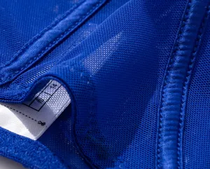 Close-up of royal blue breathable mesh women underwear fabric texture with tag details.