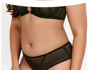 Detailed view of black sheer mesh plus size lingerie set showing breathable fabric texture.
