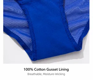 Close up view of breathable womens underwear pure cotton crotch blue mesh fabric detail