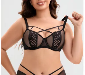 Plus size black lace sexy strappy bra and panties set for women comfortable lingerie