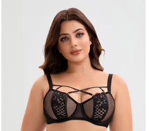 Plus size black lace bra for women, sexy thin unlined design with cross strap, supportive fit.