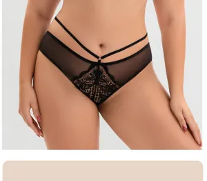 Black lace sheer plus size panties detail featuring elegant floral embroidery & double straps.