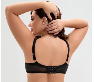 Detailed view of plus size black bra, featuring rose gold rings and secure back hook closure.