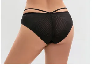 Detailed back view of women's sexy black strappy briefs, elegant mesh design, comfortable fit.