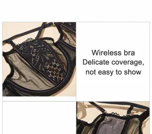 Black lace bra detail showing rabbit ear cup design, thin breathable mesh and sexy supportive fit.