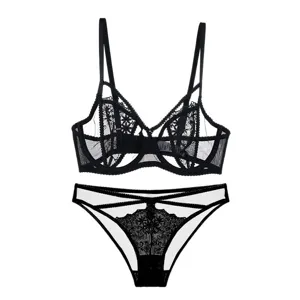 Black lace lingerie set featuring delicate embroidery, breathable mesh, and elegant French design.