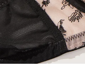 Plus size mesh bra detail close up, breathable sheer tulle fabric with exquisite embroidery.