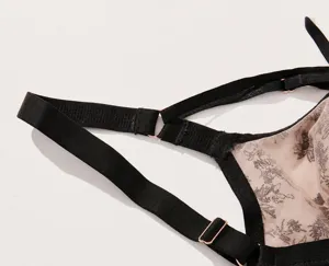Plus size bra detail showing adjustable black straps and breathable mesh fabric with floral pattern