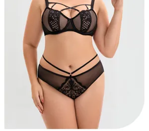 Plus size sexy black lingerie set for women, featuring sheer mesh lace bra and matching panty.