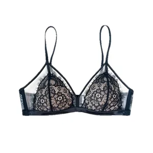 Sujetador de encaje francés sin aros para mujer, lencería sexy y transpirable en negro.