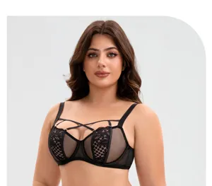 Plus size black lace bra with sexy strap details and sheer mesh design for comfortable daily wear.
