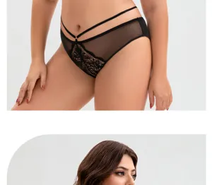 Detailed view of women's sexy black lace sheer mesh panties with stylish double strap waist.