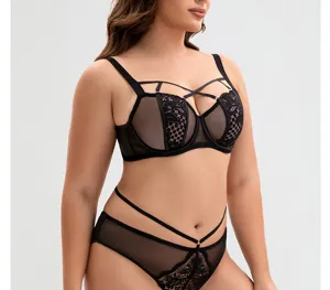 Plus size sexy black lace bra and panty set with push up design and strappy details.
