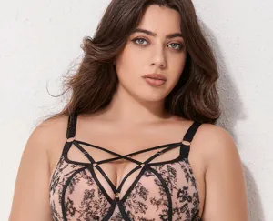 Close-up detail of plus-size lace strappy full cup bra, showing breathable mesh design.