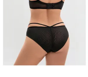 Details of black mesh sheer sexy panties with double strap design and bra back closure.